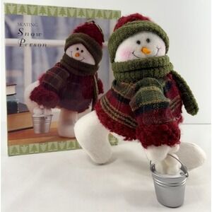 Skating Snow Person Plush Decor Figure‎ Bucket  With Snowballs 9.5" EUC W/ Box